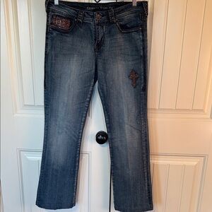 Cowgirl Tuff Blue Boot Cut Jeans with Brown Accents